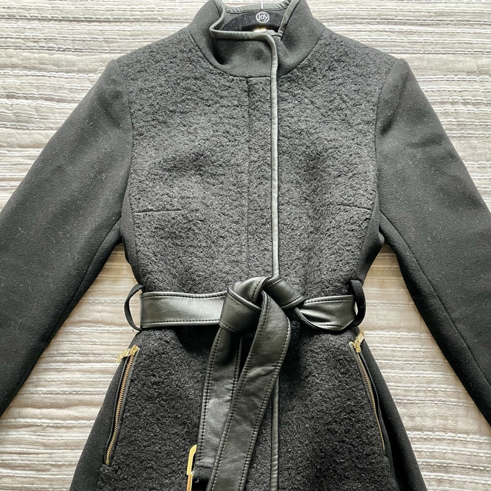 Vince Camuto Twill Cool Faux-Leather-Trim Coat Black Women’s Size Medium - Picture 3 of 7